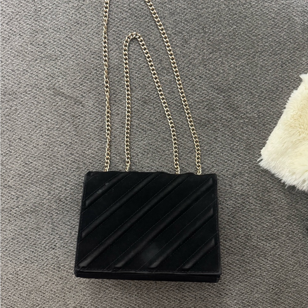 Forever 21- Faux Velvet, Elegant Black Chain Shoulder Bag